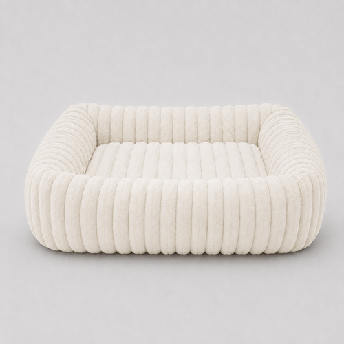 Panier moelleux pour chat coloris crème ivoire, vue de face sur fond gris