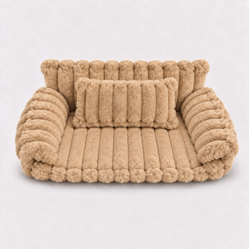 Canapé moelleux pour chat coloris camel, vue de trois quarts