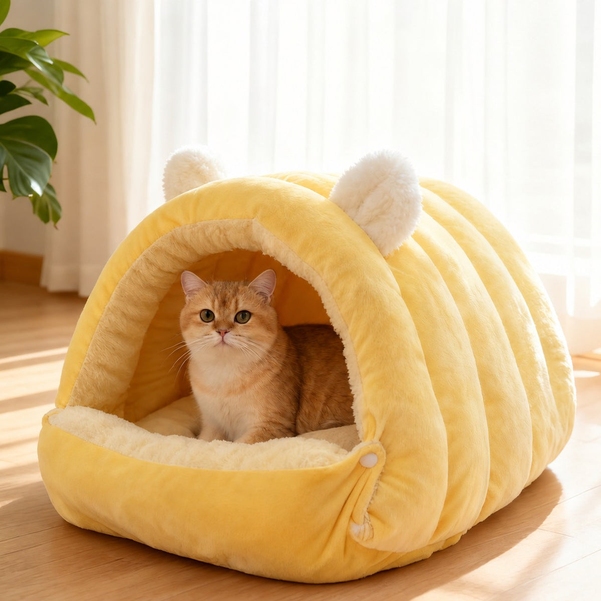 Maison pour chat en peluche jaune, un chat installé sous le toit