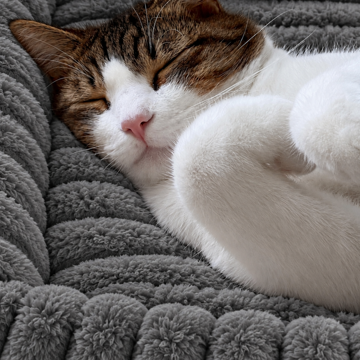Chat tigré et blanc endormi dans le panier moelleux gris perle