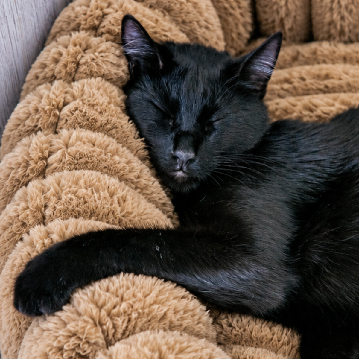 Chat noir endormi dans le panier moelleux marron noisette