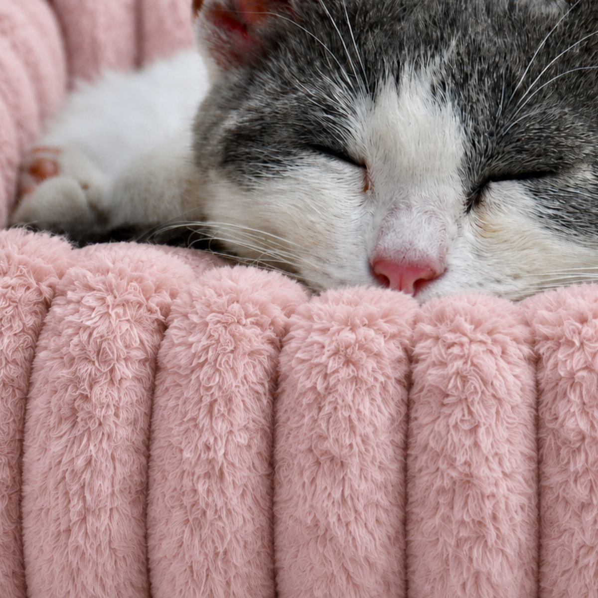 Chat gris et blanc endormi dans le panier moelleux rose poudré
