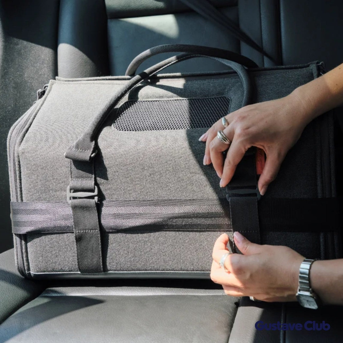 Sac de transport sanglé sur la banquette arrière avec la ceinture de sécurité